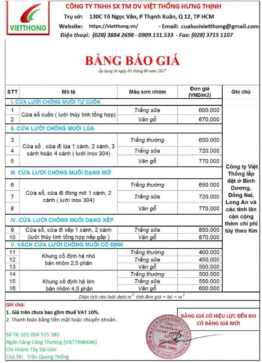 bảng báo giá dịch vụ của công ty Việt Thống